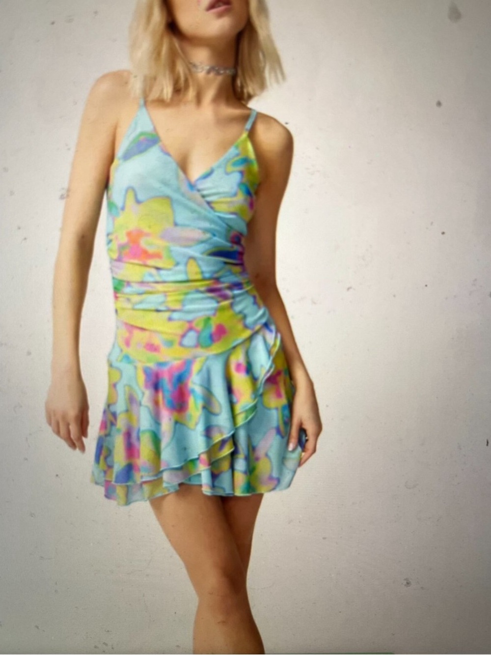 silence + noise Pastel Swirl Wrap Mini Dress in Blue